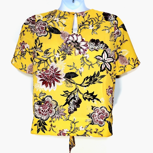 Label Rachel Roy Yellow Floral Print Short Flutter Sleeve Blouse Top Size L NWOT - Picture 3 of 6